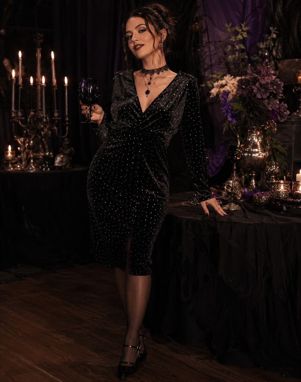 Whimsigoth Sequin Velvet Surplice Slit Midi Dress Black 3XL Witchy Party Y2K